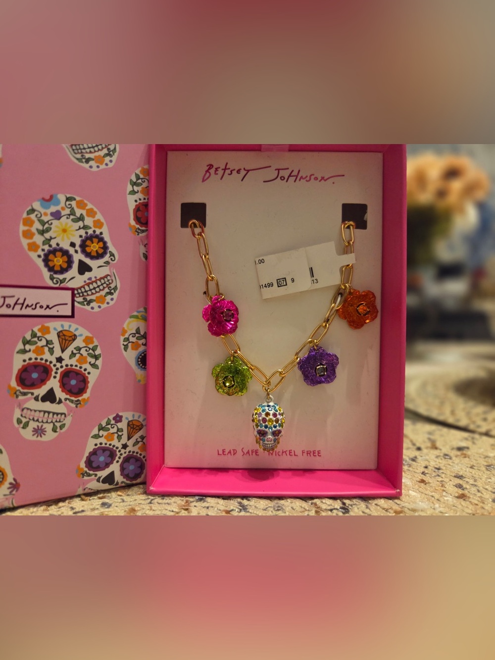 Betsey Johnson Gold-Tone Chain Necklace with Multicolor Flower & Skull Charms